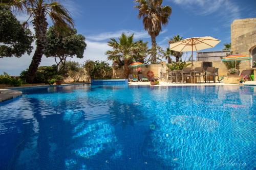uma grande piscina com água azul e palmeiras em Bebbuxa Holiday Home em Għarb