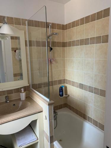 a bathroom with a tub and a sink and a shower at Duplex village vacances Grospierres in Grospierres