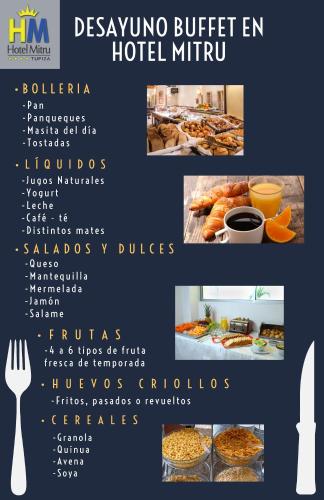 a flyer for a hotel kitchen with a menu of food at Hotel Mitru in Tupiza