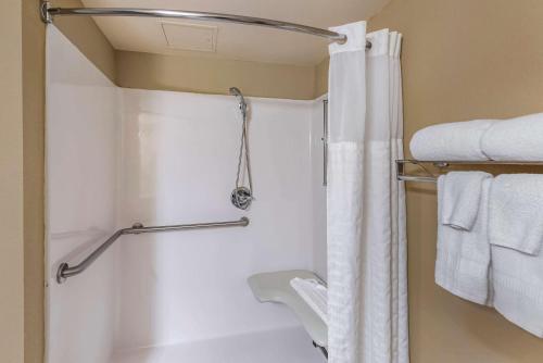 a bathroom with a shower curtain and towels at Comfort Inn & Suites Virginia Beach - Norfolk Airport in Virginia Beach