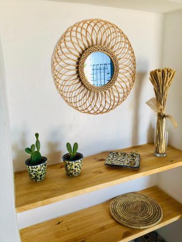 a shelf with two plants and a mirror on it at Damajuana in Níjar