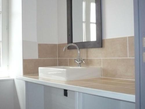 uma casa de banho com um lavatório branco e um espelho. em Gîte Saint-André-d'Apchon, 2 pièces, 2 personnes - FR-1-496-142 em Saint-André-dʼApchon