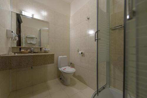 y baño con aseo, lavabo y ducha. en Hotel Golden Palace, en Mamaia
