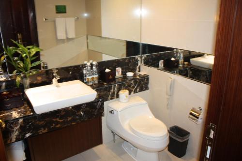 WuHu XingBai JinLing Hotel في Wuhu: حمام به مرحاض أبيض ومغسلة