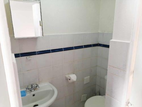 W łazience znajduje się umywalka, toaleta i lustro. w obiekcie Boathouse Bed & Biscuit - Lower Deck w mieście Margate