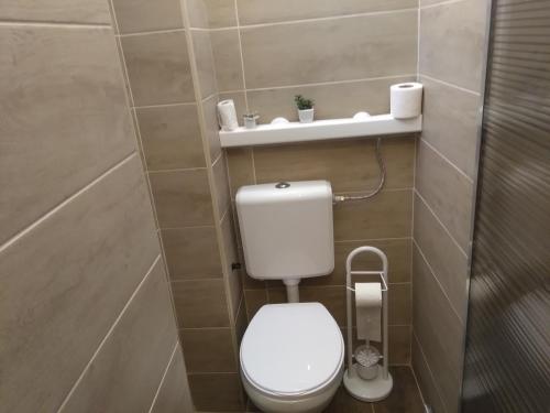 uma casa de banho com um WC branco e uma prateleira em Muskatliapartman.cs2. em Paks