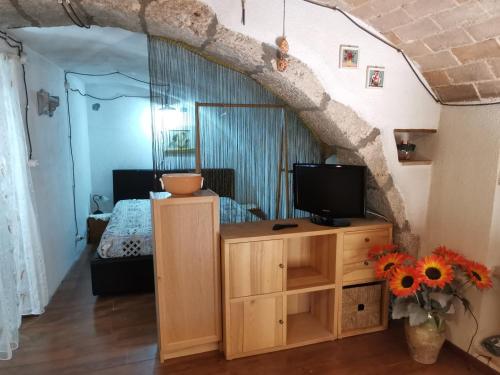1 dormitorio con 1 cama y TV en un armario de madera en Casa MANETTA, en Calascio