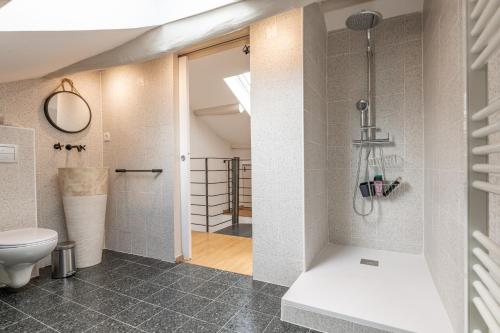 ein Bad mit einer Dusche und einem WC in der Unterkunft Résidence Poggiole in San-Nicolao