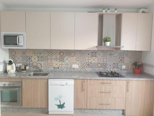 a kitchen with white cabinets and a white dishwasher at Casa Chafarinas in Vera