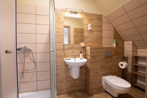 a bathroom with a toilet and a sink and a shower at Pokoje Gościnne Butryny in Butryny