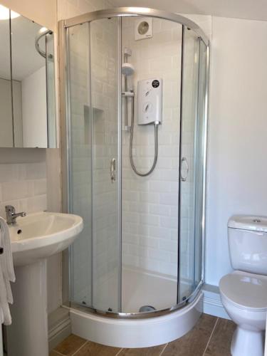 ein Badezimmer mit Dusche und Waschbecken in der Unterkunft Far Hill Studio in Wyck Rissington