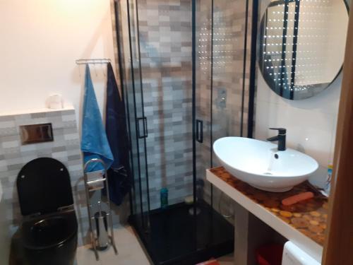 uma casa de banho com um lavatório e um chuveiro em Domek Letniskowy - M & E em Warchały