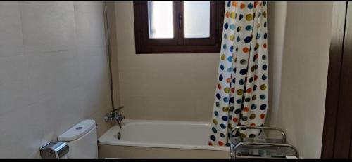 a bathroom with a tub and a shower curtain at CHECK-IN CASAS Labert in Benasque