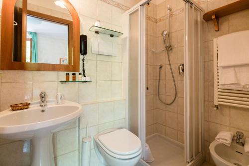 W łazience znajduje się umywalka, toaleta i prysznic. w obiekcie Hotel Corte Regina w Sirmione