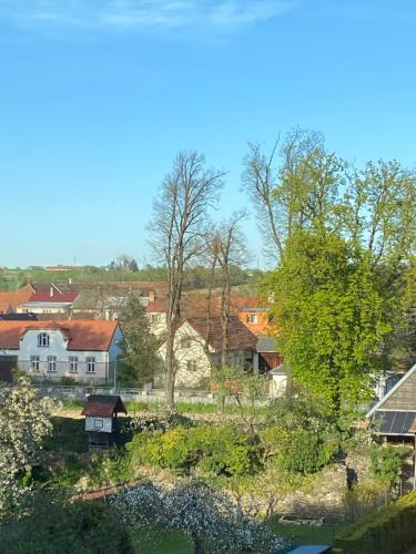 a view of a village with houses and trees at Apartmán na náměstí in Soběslav