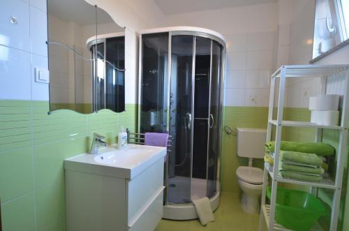 y baño con ducha, lavabo y aseo. en Villa Margherita, en Kanfanar
