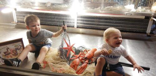 two young boys sitting on the floor with carrots at Gasthof Erzherzog Rainer - Zimmer und Ferienwohnung in Kössen