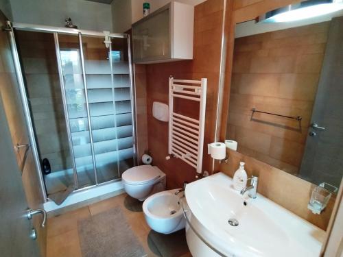 a bathroom with a sink and a toilet and a shower at Appartamento vicino Metro C - Mirti in Rome