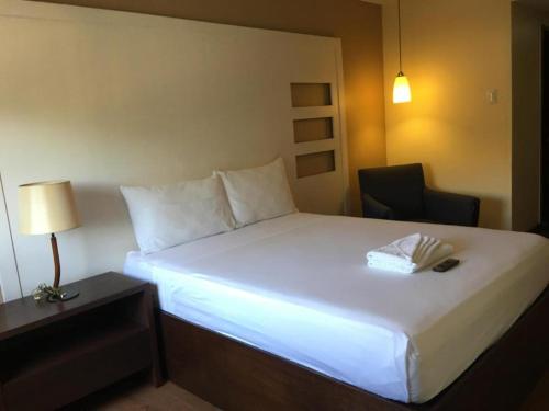 a hotel room with a bed with a lamp and a chair at Hotel Maiya in San Jose