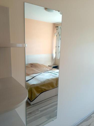 1 dormitorio con cama y espejo en Kambarių nuoma - Šiauliai SAURIDA, en Šiauliai