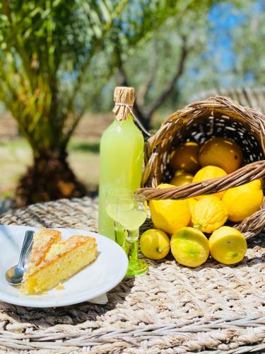a table with a plate of cake and a basket of fruit at Agriturismo Azzarone in Vieste