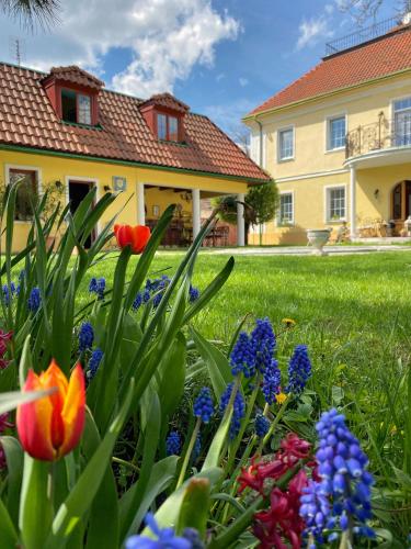 a garden with flowers in front of a house at Penzion Na Staré Poště in Nymburk