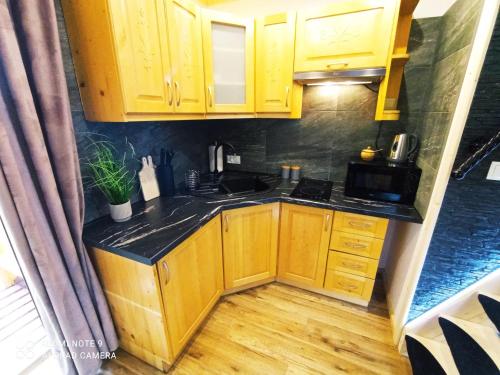 a small kitchen with wooden cabinets and a sink at Noclegi u Gabrysi in Kościelisko