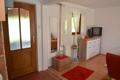 a living room with a door and a television at Vikend kuca Stefana in Šljivovica
