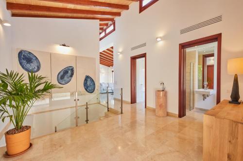 a living room with a plant and paintings on the wall at Villa Jade by Cap Vermell Estate in Canyamel