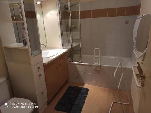 y baño con bañera, lavamanos y ducha. en Résidence Grand Hôtel Appartement Standing, en Aulus-les-Bains