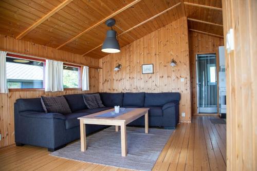a living room with a blue couch and a table at Lifjelltunet in Lifjell
