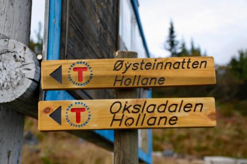 two wooden signs on a wooden pole with the words australian hilton at Lifjelltunet in Lifjell