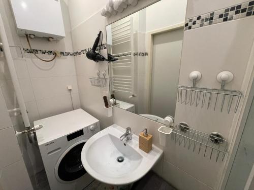 ein kleines Bad mit einem Waschbecken und einer Waschmaschine in der Unterkunft Central Sunny Flat with Free Parking in Wien