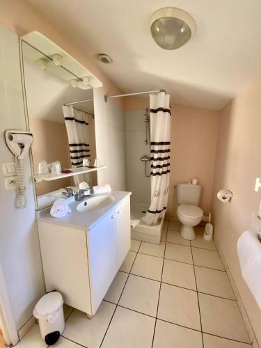 a bathroom with a sink and a toilet at Hotel Restaurant La Dame du Lac in Monflanquin