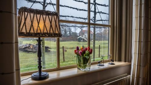 une fenêtre avec une lampe et des fleurs sur un rebord de fenêtre dans l'établissement Holidayhome - Kon Emmaweg 26 - Vrouwenpolder - Uitspanning Oranjezon, à Vrouwenpolder