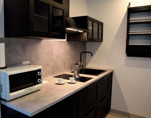 a kitchen with a sink and a microwave at Arneo Terra del Sole in Torre Lapillo