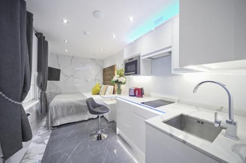 uma cozinha com um lavatório e uma cama num quarto em Baker Street Suite em Londres
