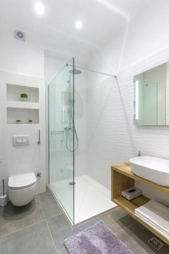 a bathroom with a shower and a toilet and a sink at Apartment Ena ,city center in Šibenik