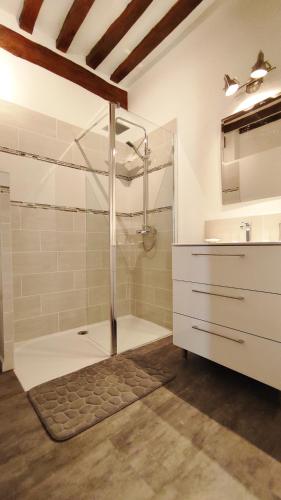 une salle de bain avec douche et lavabo dans l'établissement La Ferme Manoir Saint Barthélemy, à Juaye-Mondaye