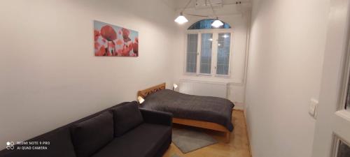 a living room with a couch and a window at FSQH UNDER Apartman in Szeged