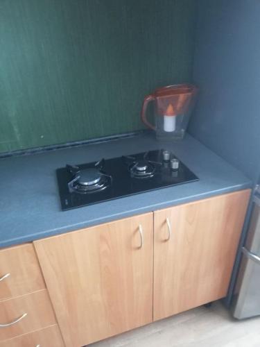 a kitchen with a stove and a counter top at Ленина 31 in Omsk