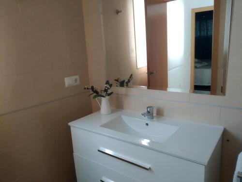 y baño con lavabo blanco y espejo. en La Tinajita, en Sanlúcar de Guadiana