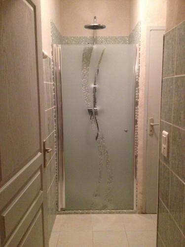 a shower with a glass door in a bathroom at Le Mas d'Hermès in Plan-dʼOrgon