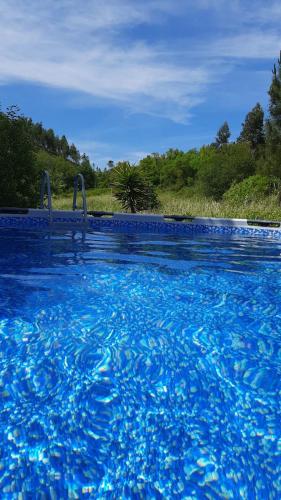 a large pool of blue water with trees in the background at vale das cupulas in Figueiró dos Vinhos