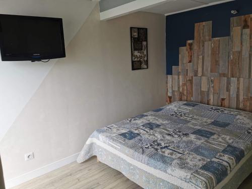 1 dormitorio con 1 cama y TV de pantalla plana en Chambre d'hôtes, en Lunel