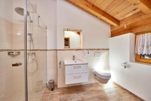 a bathroom with a shower and a sink and a toilet at Appartements Gasthof Schleifmühle Unterammergau in Unterammergau