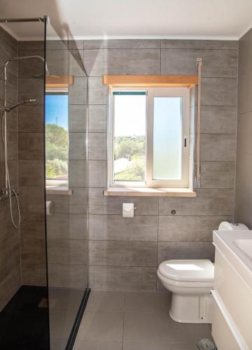 a bathroom with a shower and a toilet and a window at Casa Gemeos in Alcobaça