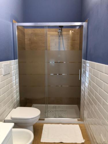 een badkamer met een douche, een toilet en een wastafel bij La Finestra sul Porto Golfo Aranci in Golfo Aranci