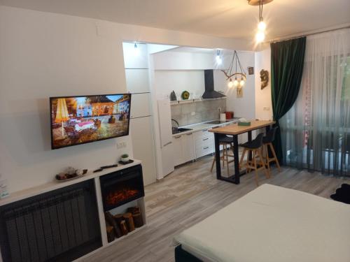 a living room with a tv and a kitchen with a table at WWA SUNLIGHT VIBES in Sinaia