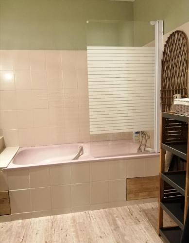 une baignoire dans une salle de bain avec une fenêtre dans l'établissement LES FARIOS AVEC TERRASSE, à Sarlat-la-Canéda